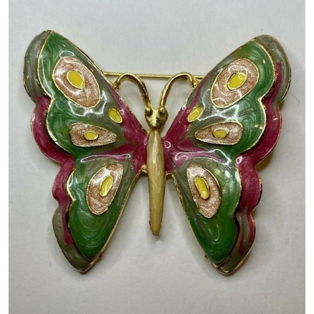 Large Vintage Gold Tone Butterfly Pin Brooch With Pink Magenta Green Enamel
